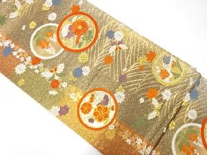 引き箔　丸紋に花・蝶模様織り出し袋帯